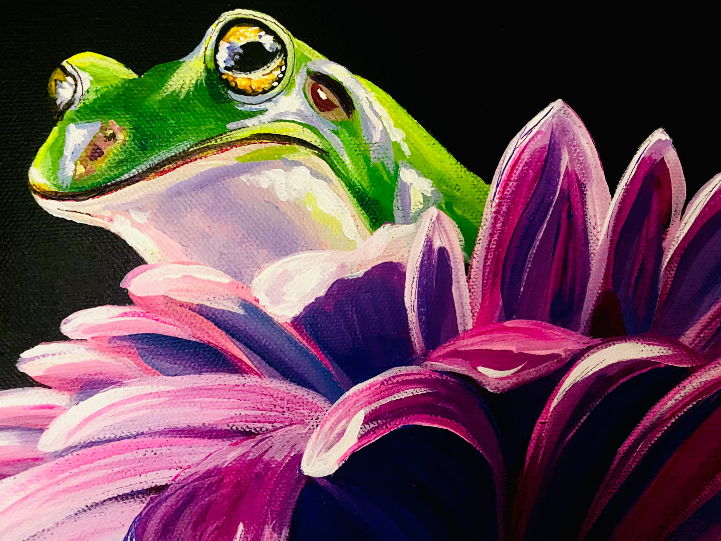 PAINTING - Taking Shelter - Frogs and flowers 16 x 20"
