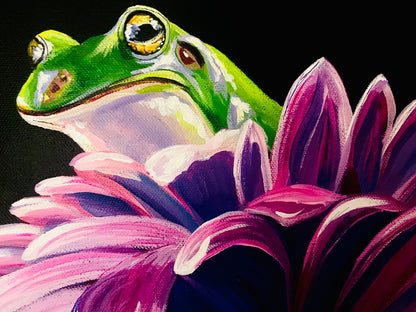 PAINTING - Taking Shelter - Frogs and flowers 16 x 20"