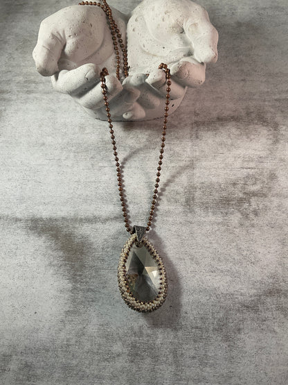 Luminous Drop Crystal Pendant Necklace – Bead Embroidered Statement on Long Ball Chain