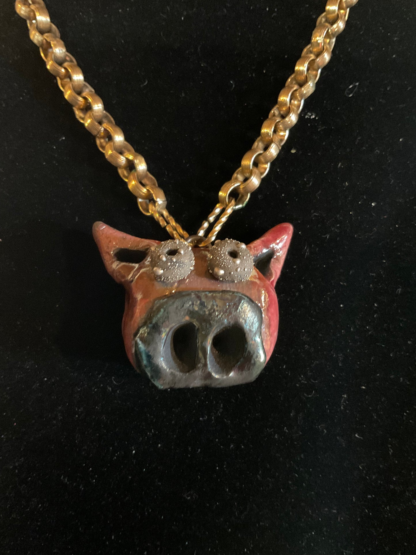 Raku Piggy Pendant Necklace – Czech Beads & Austrian Crystal on Adjustable Chain
