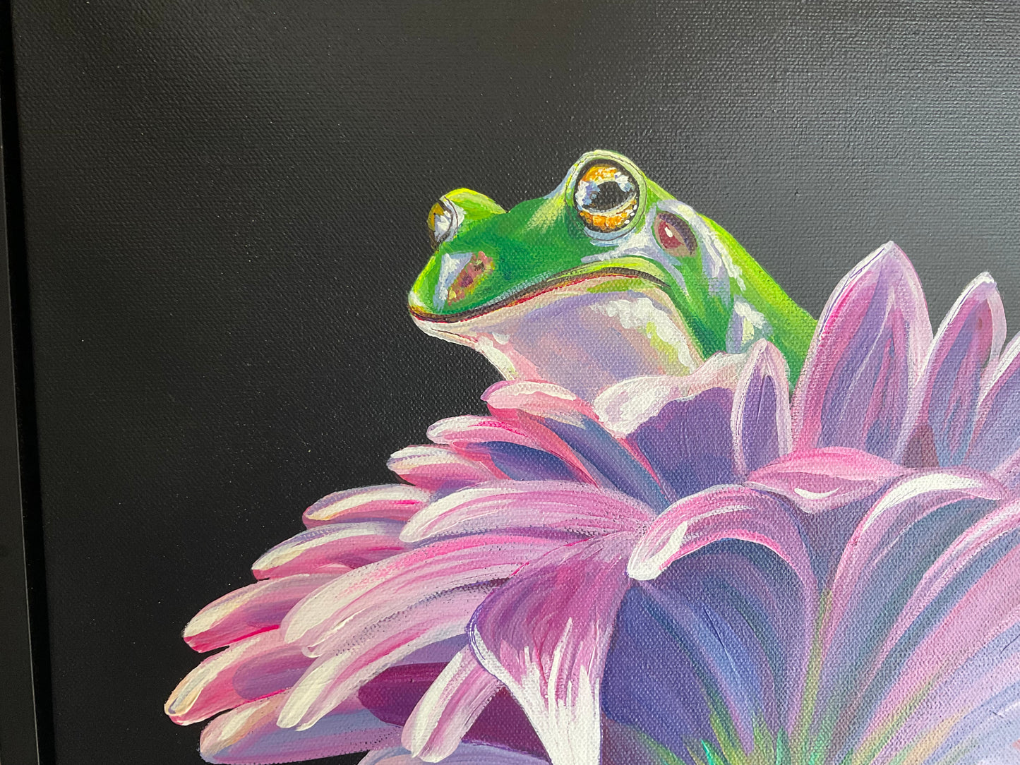 Taking Shelter – Original Acrylic Frog & Floral Painting on 16x20 Canvas (Float Framed)