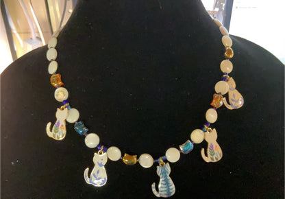 Boho Cat Charm Necklace with Mother of Pearl & Aurora Borealis Crystals – 18” Whimsical Statement