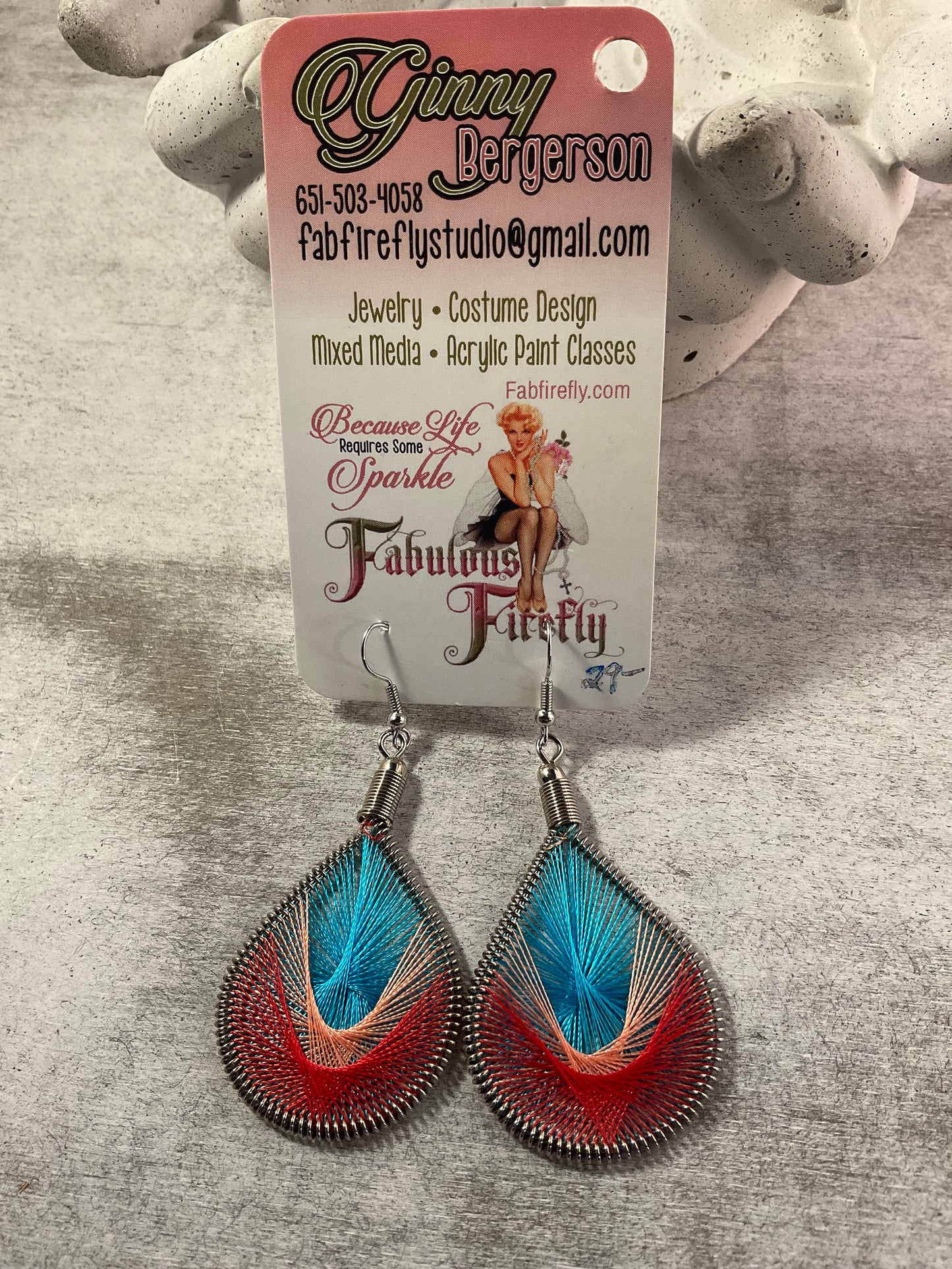 Color Pop Thread Teardrop Earrings – Boho String Art Dangles in Turquoise & Coral