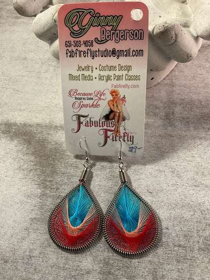 Color Pop Thread Teardrop Earrings – Boho String Art Dangles in Turquoise & Coral