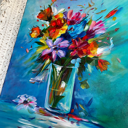 Where Color Falls – Acrylic Floral Painting in Antique Frame