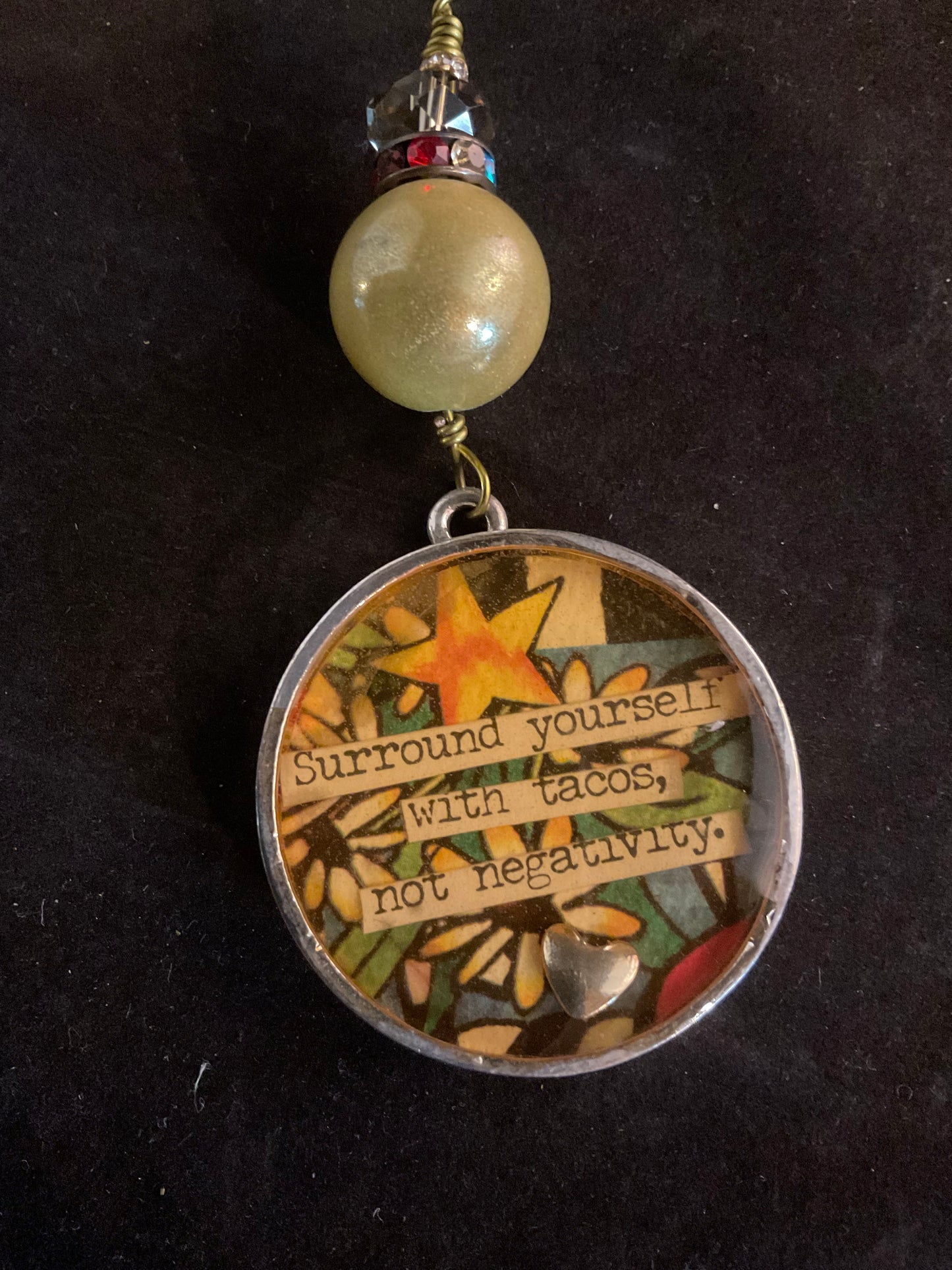 Tacos Not Negativity Pendant Necklace – Resin Statement Necklace with Heart Charm (28” Chain)