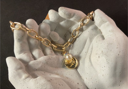Celestial Moon & Star Pendant Necklace with Crystal and Pearl – Etched Gold Chain 16 Inch