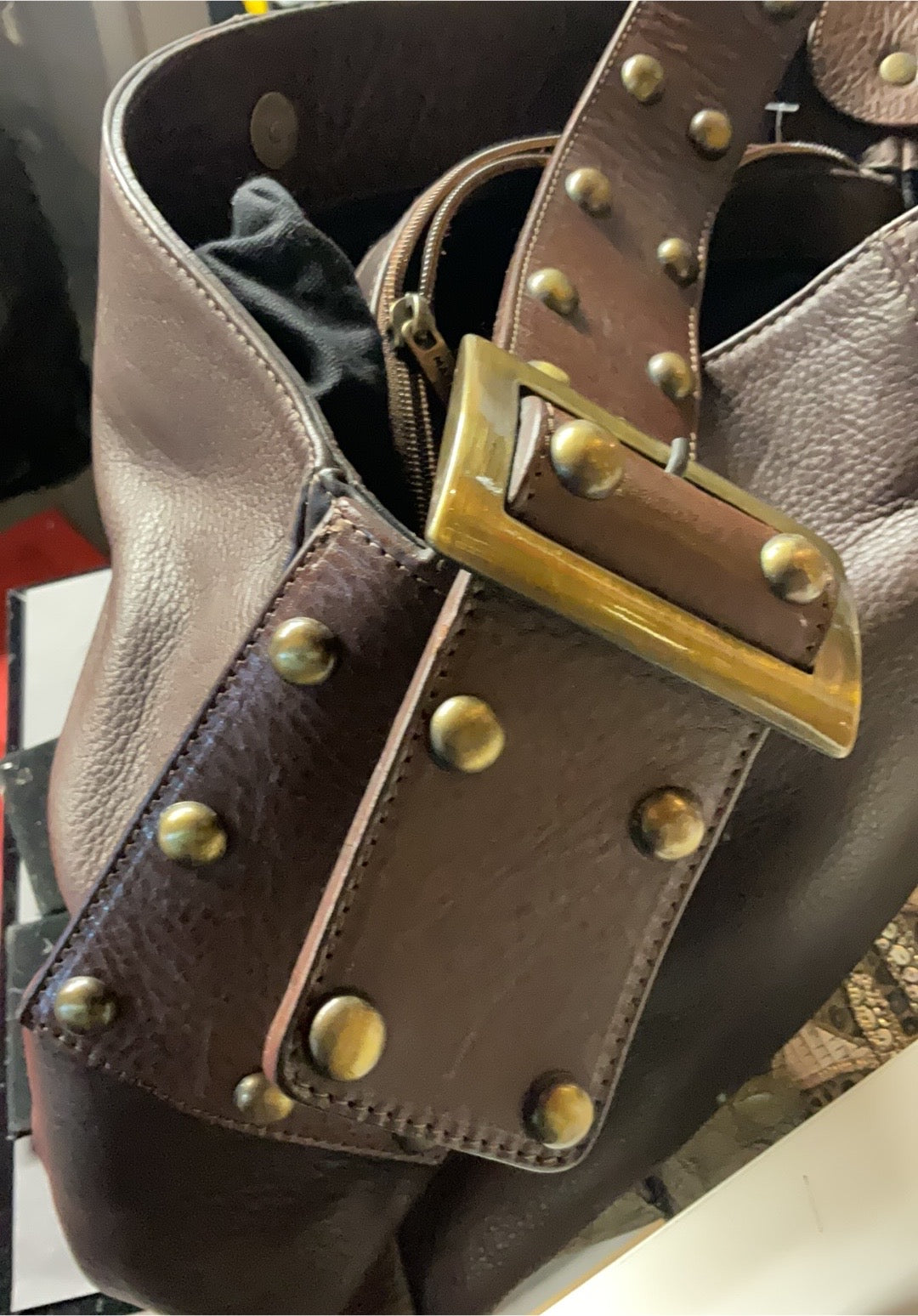 Italian Leather Studded Hobo Bag with Statement Buckle – Large Brown Shoulder Bag