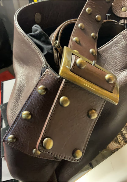 Italian Leather Studded Hobo Bag with Statement Buckle – Large Brown Shoulder Bag