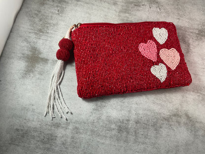 Sweetheart Beaded Cosmetic Pouch - Handmade in India (7' x 5")
