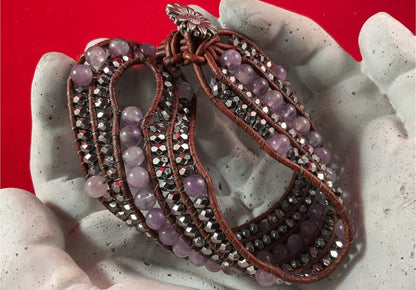 Boho Leather Wrap Bracelet with Lavender Beads & Gunmetal Crystal Sparkle – 7.5” Wrist