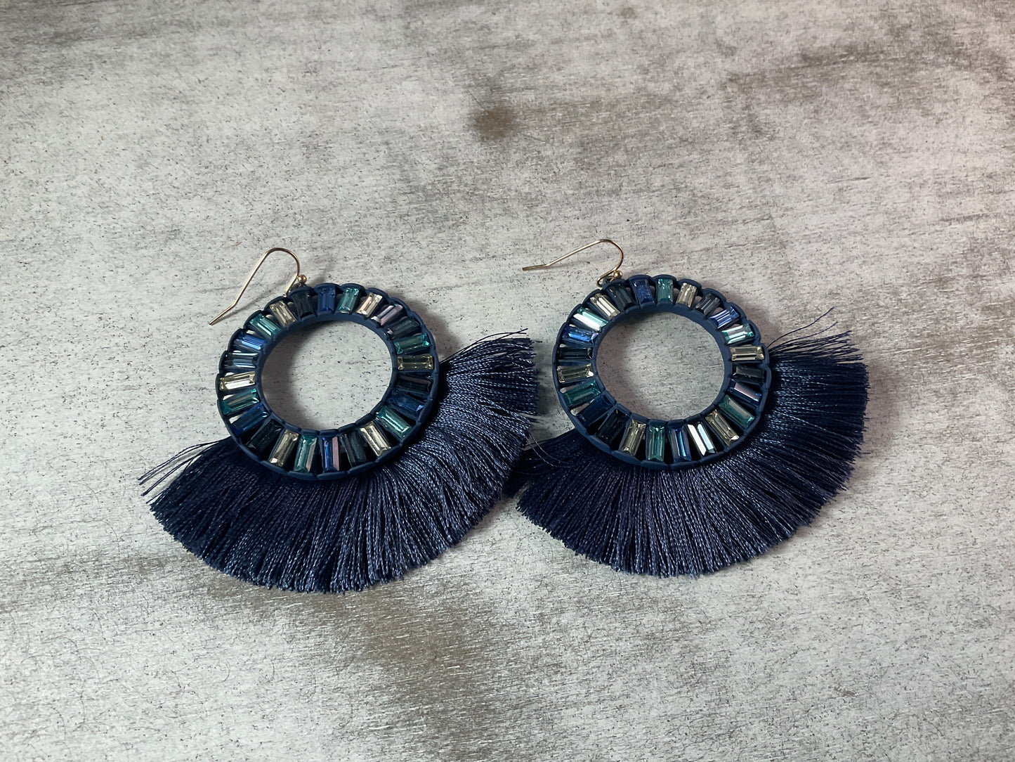 Midnight Tides Fringe Earrings – Navy Crystal Halo Statement Hoops