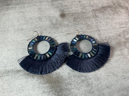 Midnight Tides Fringe Earrings – Navy Crystal Halo Statement Hoops