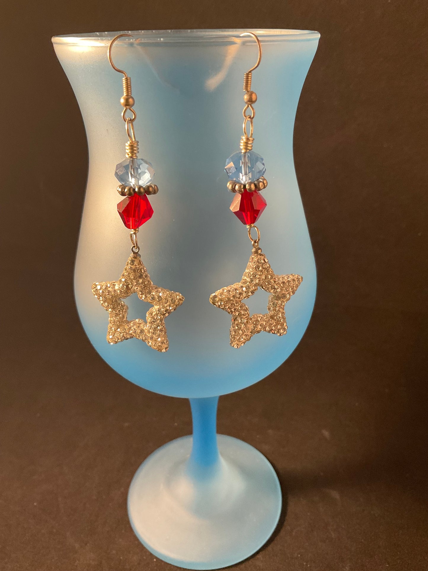 Patriotic Crystal Star Dangle Earrings Red Clear Crystal Gold Tone Earrings Handmade Jewelry