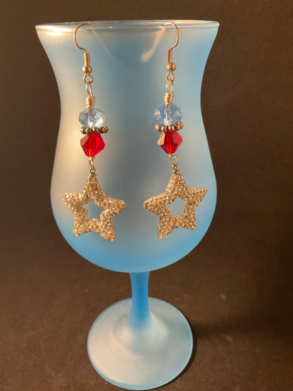 Patriotic Crystal Star Dangle Earrings Red Clear Crystal Gold Tone Earrings Handmade Jewelry