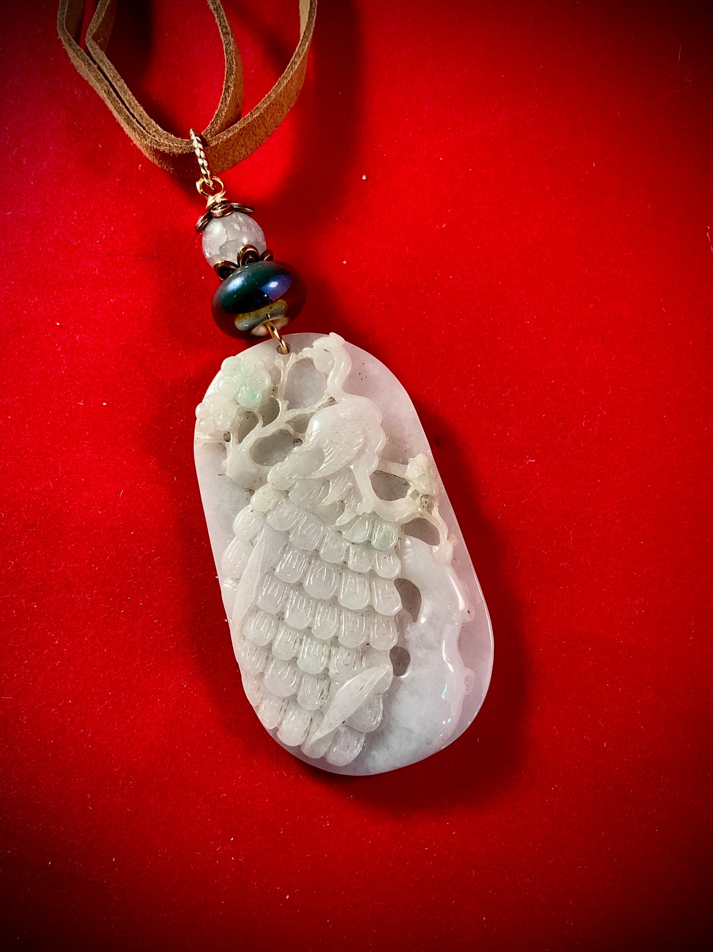 Carved Jade Peacock Pendant on Adjustable Leather | 2.75” Statement Necklace