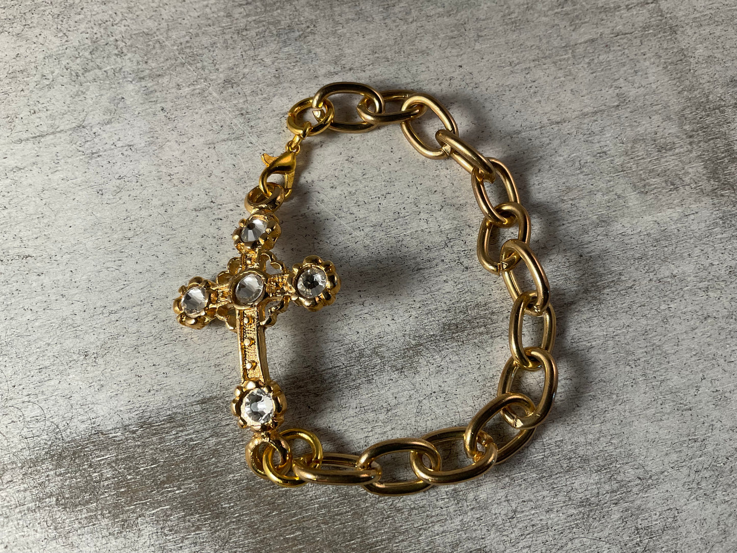 Gold Plated Cross Bracelet with Rhinestones 7.5 Inch Chain Bracelet Lobster Clasp Christian Jewelry