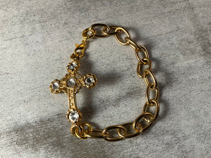 Gold Plated Cross Bracelet with Rhinestones 7.5 Inch Chain Bracelet Lobster Clasp Christian Jewelry