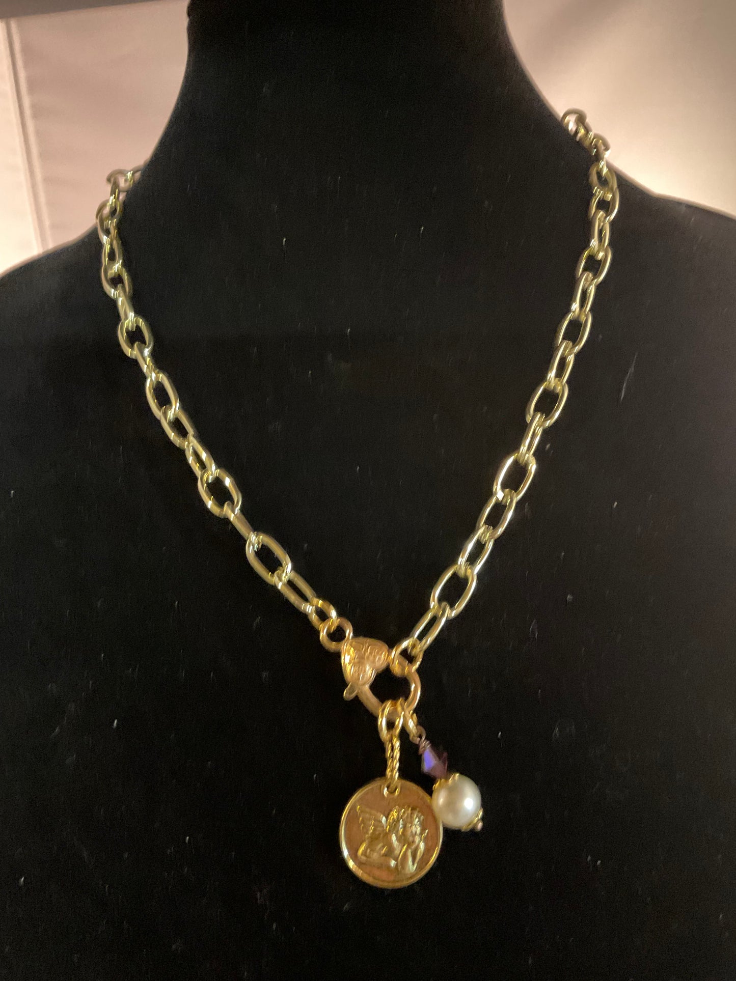 Gold Cherub Charm Necklace with Vintage Pearl Crystal Drop and Convertible Pendant Clasp