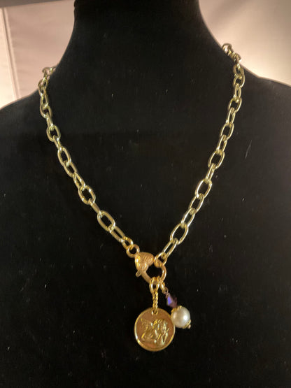 Gold Cherub Charm Necklace with Vintage Pearl Crystal Drop and Convertible Pendant Clasp