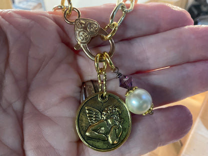 Gold Cherub Charm Necklace with Vintage Pearl Crystal Drop and Convertible Pendant Clasp