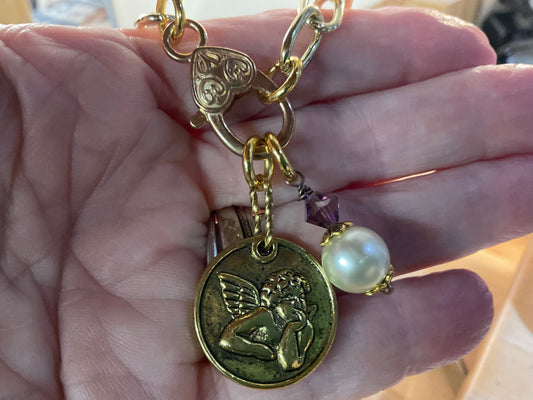 Gold Cherub Charm Necklace with Vintage Pearl Crystal Drop and Convertible Pendant Clasp