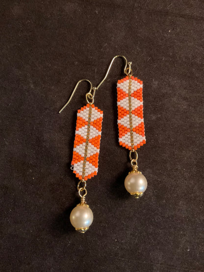 Orange and White Beaded Pearl Drop Earrings | Handmade Seed Bead Dangle Earrings