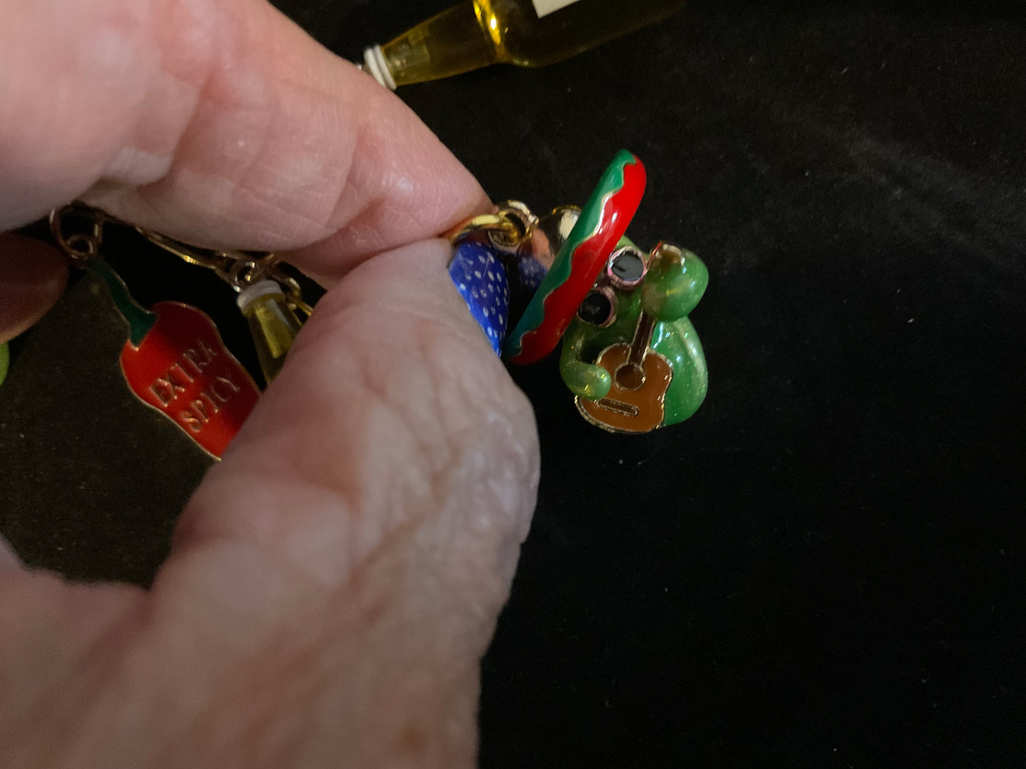 Mexican Charm Necklace | Avocado, Chili Pepper, Beer Bottle & Guitar Player Charms | 18” Gold Paperclip Chain
