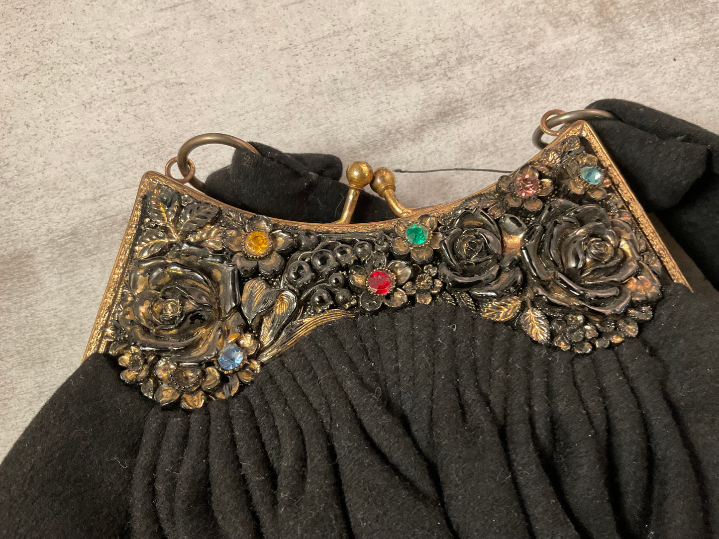 Vintage Black Evening Bag Jeweled Frame Purse with Mirror Coin Purse 1950s Style