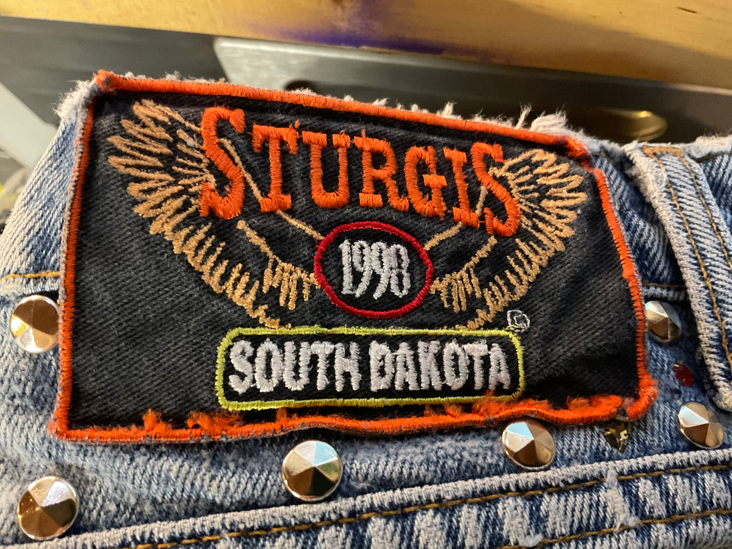 Harley Davidson Patch Jeans 36x34 Distressed Studded Denim Sturgis South Dakota Biker Blues Collection