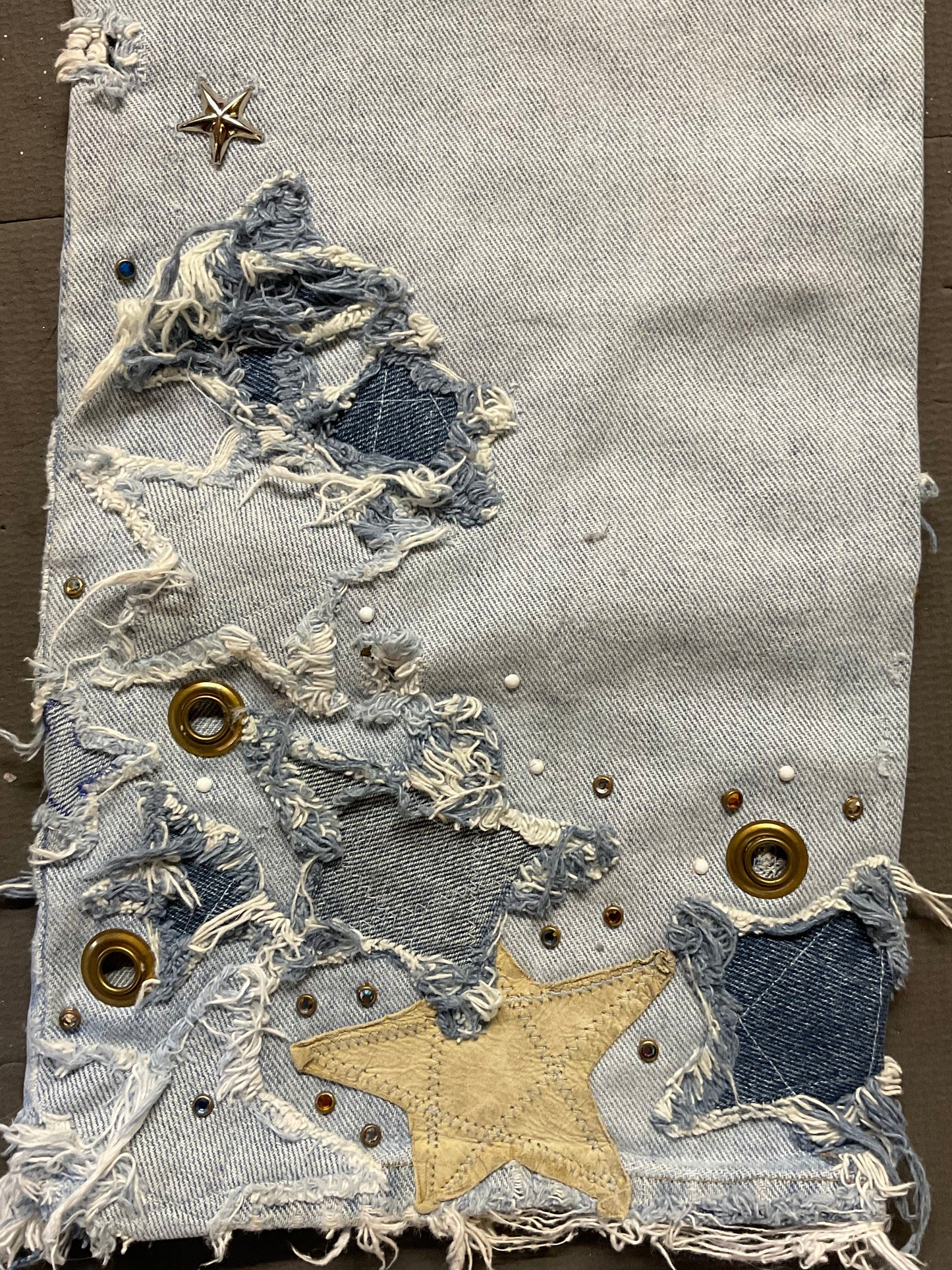 Women’s Distressed Fringe Jeans Size 14 Regular – Denim & Leather Stars, Grommets, Skull Beads, Custom Biker Jeans
