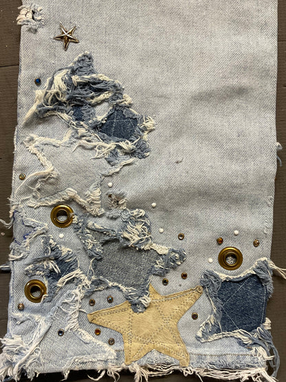 Women’s Distressed Fringe Jeans Size 14 Regular – Denim & Leather Stars, Grommets, Skull Beads, Custom Biker Jeans