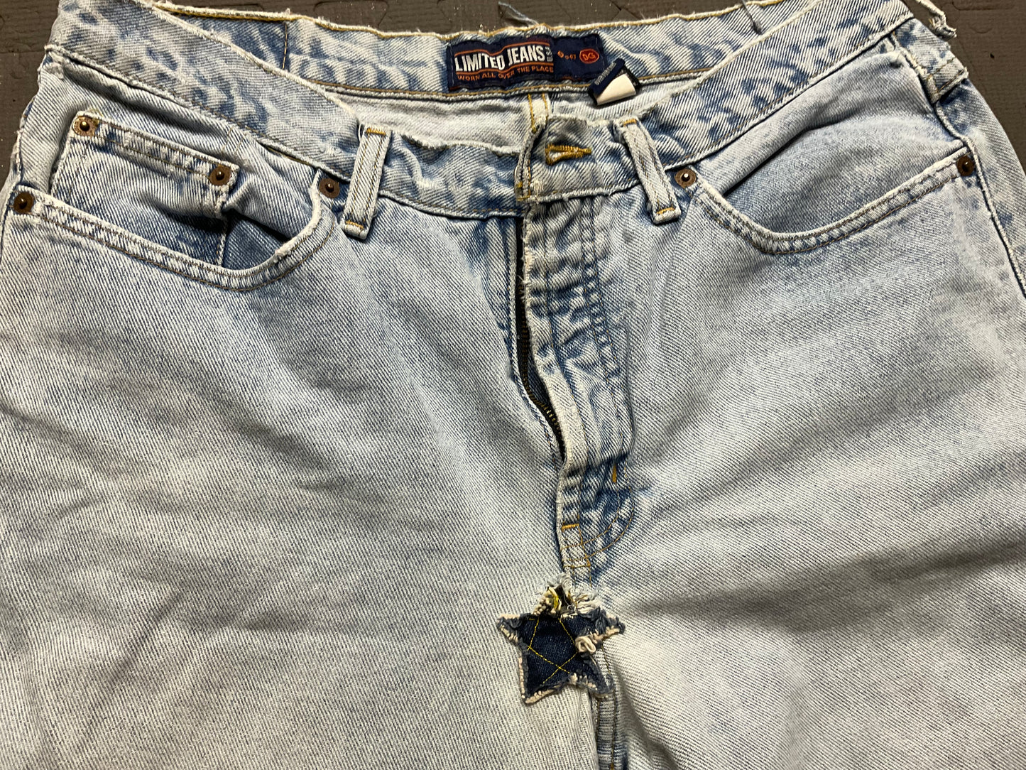 Women’s Distressed Fringe Jeans Size 14 Regular – Denim & Leather Stars, Grommets, Skull Beads, Custom Biker Jeans