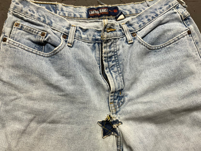 Women’s Distressed Fringe Jeans Size 14 Regular – Denim & Leather Stars, Grommets, Skull Beads, Custom Biker Jeans
