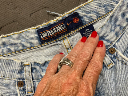 Women’s Distressed Fringe Jeans Size 14 Regular – Denim & Leather Stars, Grommets, Skull Beads, Custom Biker Jeans