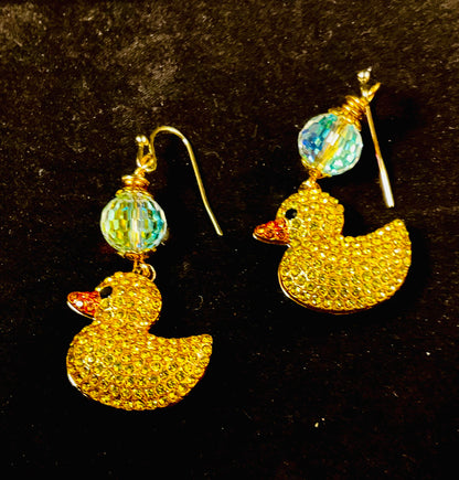 Pavé Rhinestone Duck Earrings with Vintage Crystal Beads Gold Tone Dangle Earrings