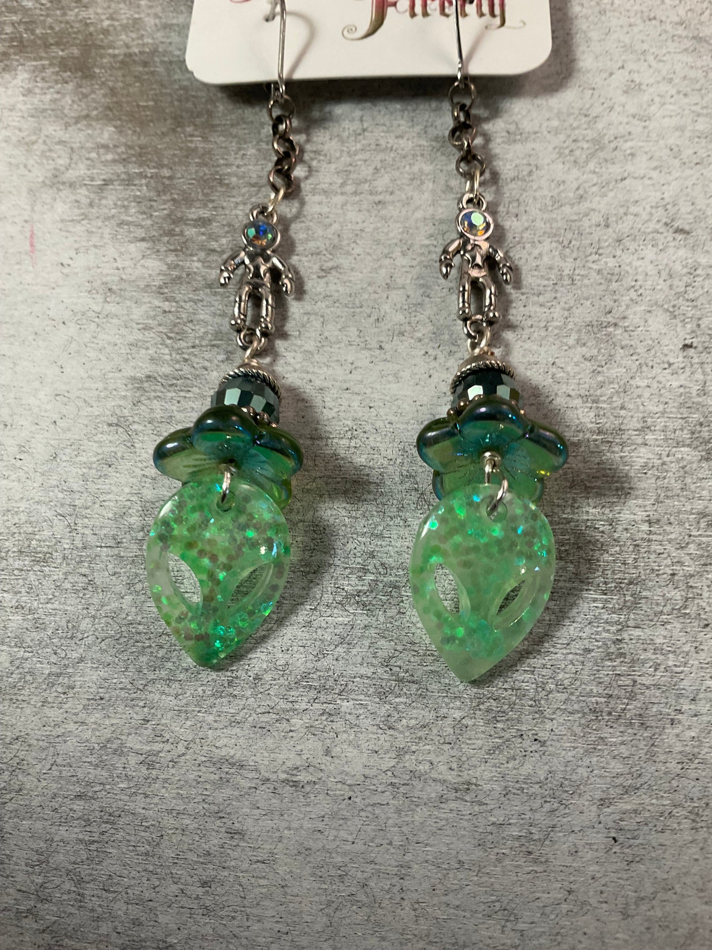 Alien Face Earrings with Spaceman Charms Green Glitter Dangle Earrings