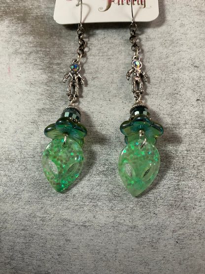 Alien Face Earrings with Spaceman Charms Green Glitter Dangle Earrings