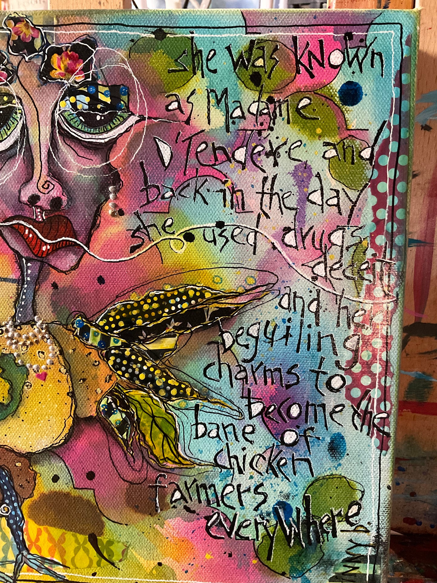 11x14 Mixed Media Canvas Art | Madame D’Tendere Bird Woman Painting | Original Folk Art Wall Decor