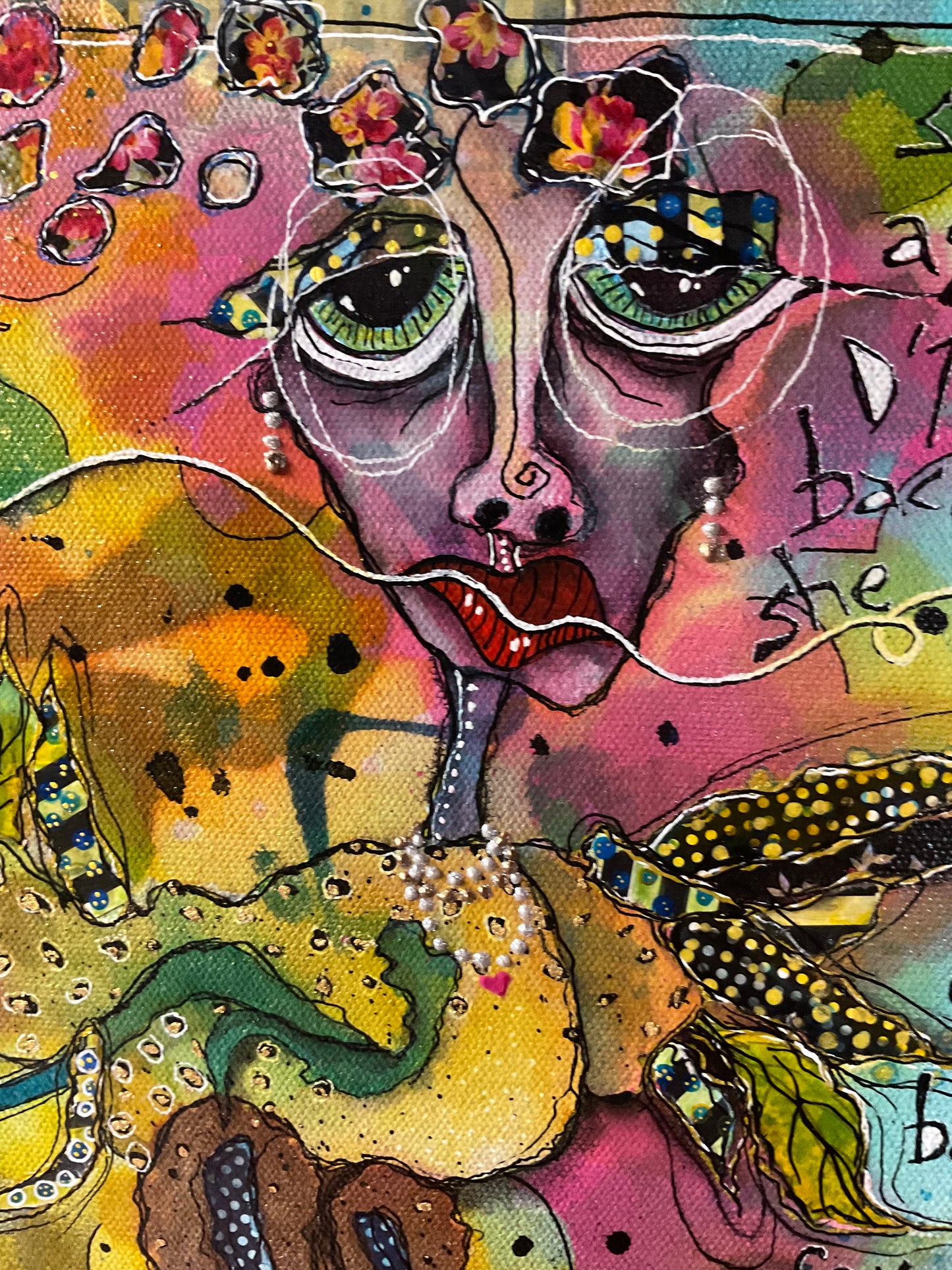 11x14 Mixed Media Canvas Art | Madame D’Tendere Bird Woman Painting | Original Folk Art Wall Decor