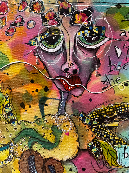 11x14 Mixed Media Canvas Art | Madame D’Tendere Bird Woman Painting | Original Folk Art Wall Decor
