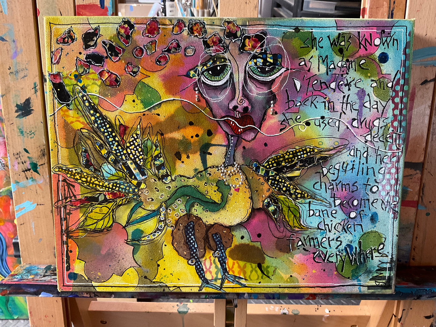 11x14 Mixed Media Canvas Art | Madame D’Tendere Bird Woman Painting | Original Folk Art Wall Decor
