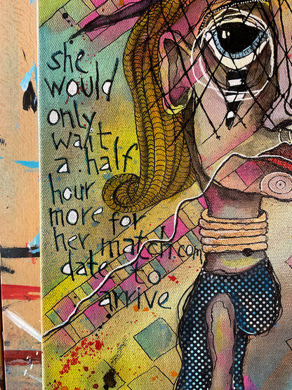 11x14 Mixed Media Canvas Painting | Match Dot com Dating Art | Original Folk Art Wall Decor