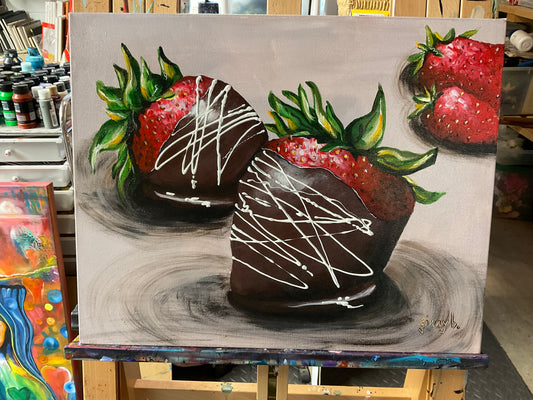 Chocolate Covered Strawberries Painting 16x20 Original Acrylic Canvas Wall Art
