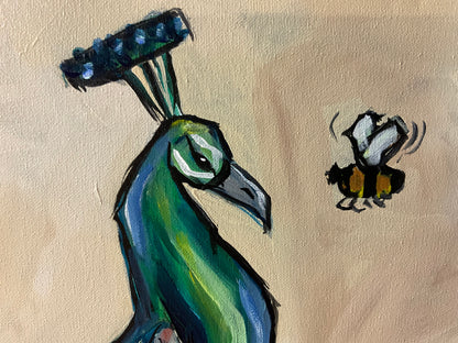 Buzz Off – Peacock & Bumblebee Original Acrylic Painting