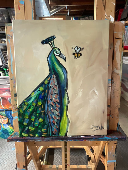 Buzz Off – Peacock & Bumblebee Original Acrylic Painting
