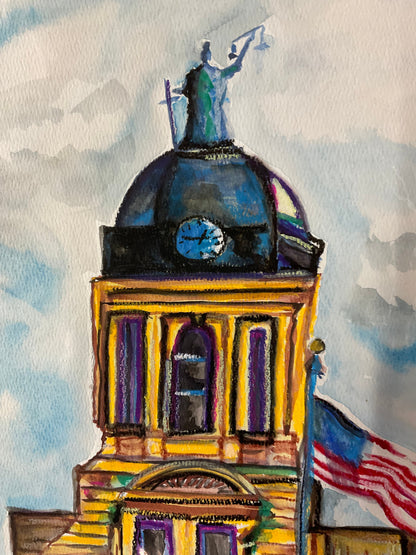 Lady Justice Over Mankato – Original Watercolor & Soft Pastel Courthouse Painting