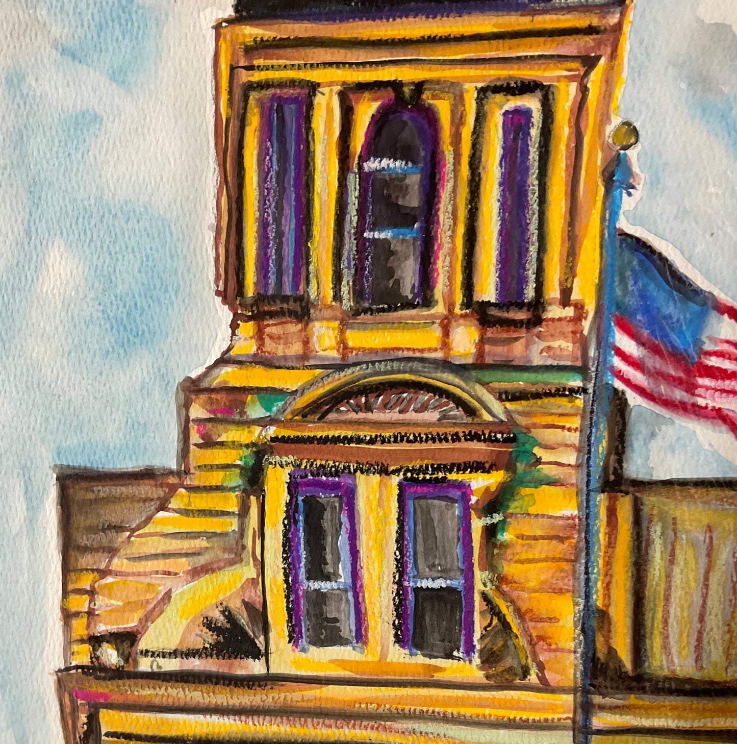 Lady Justice Over Mankato – Original Watercolor & Soft Pastel Courthouse Painting