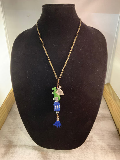 Dragon Pendant Necklace with Blue Tassel, Resin Dragon Charm, Rhinestone Accent, 28 Inch Chain