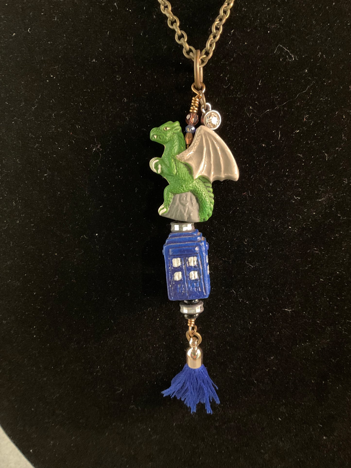 Dragon Pendant Necklace with Blue Tassel, Resin Dragon Charm, Rhinestone Accent, 28 Inch Chain